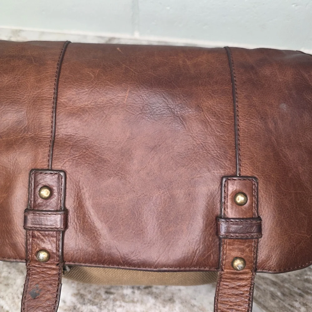 Fossil Brown Leather and Tan Canvas Messenger Bag